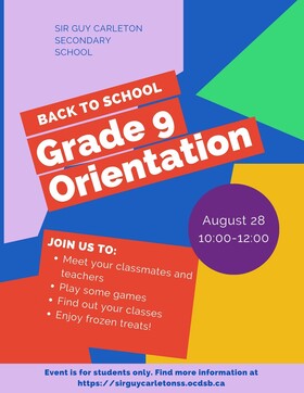 Grade 9 orientation. August 28 10:00-12:00