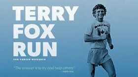 Photo of Terry Fox. Text says Terry Fox Run.